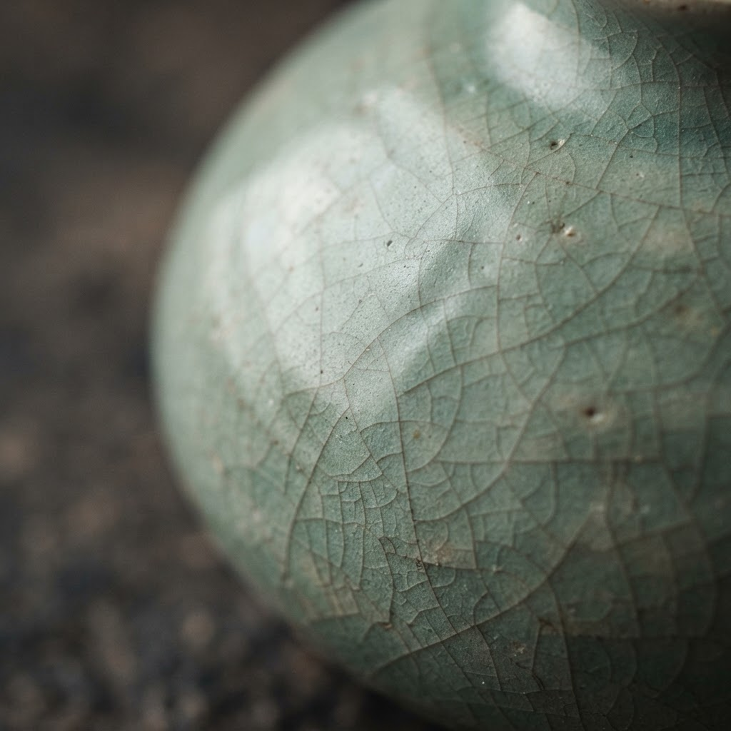 Close detail of traditional Korean celadon pottery with a soft jade glaze