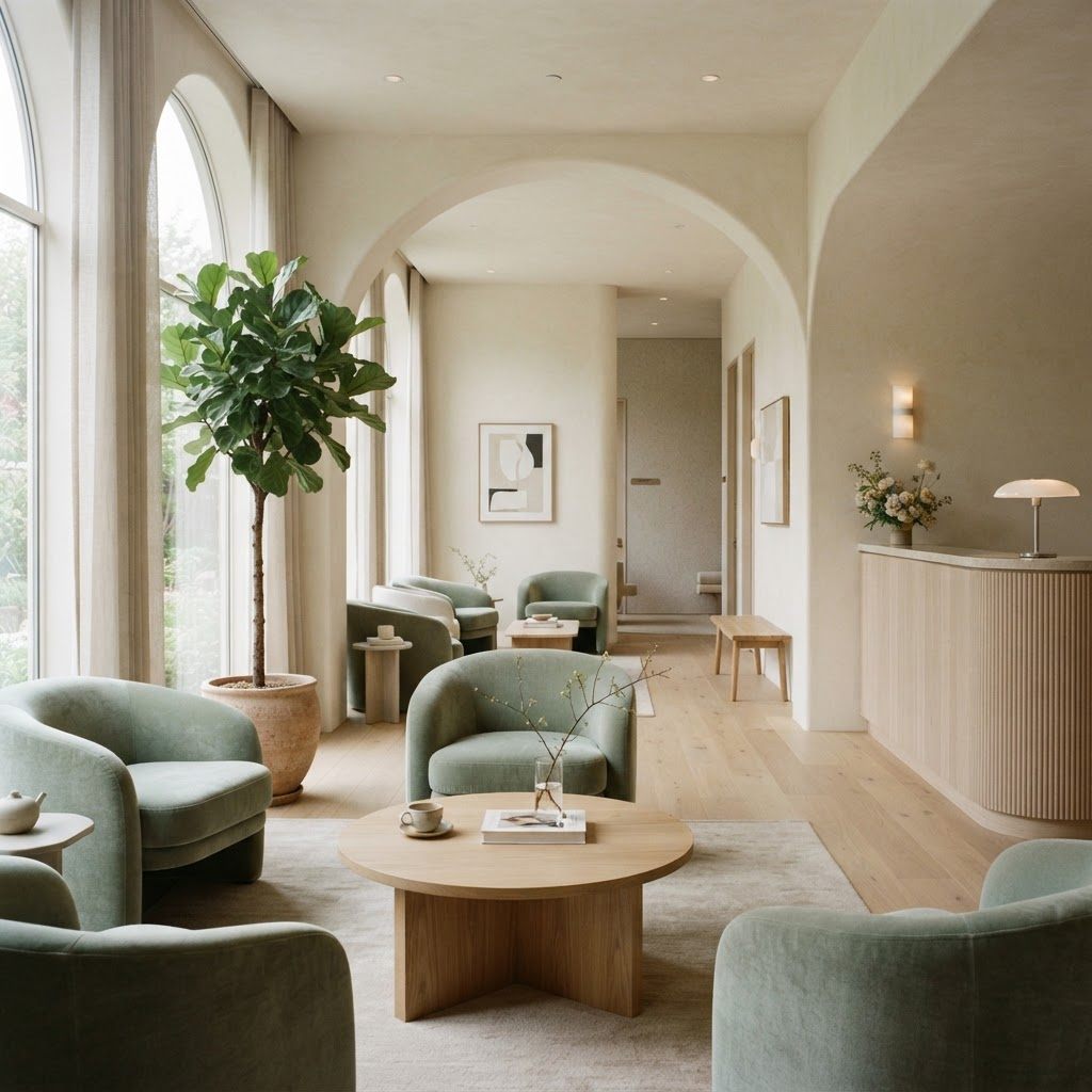 A calm, sunlit reception lounge of a modern Korean clinic with sage-green armchairs and warm wood tones
